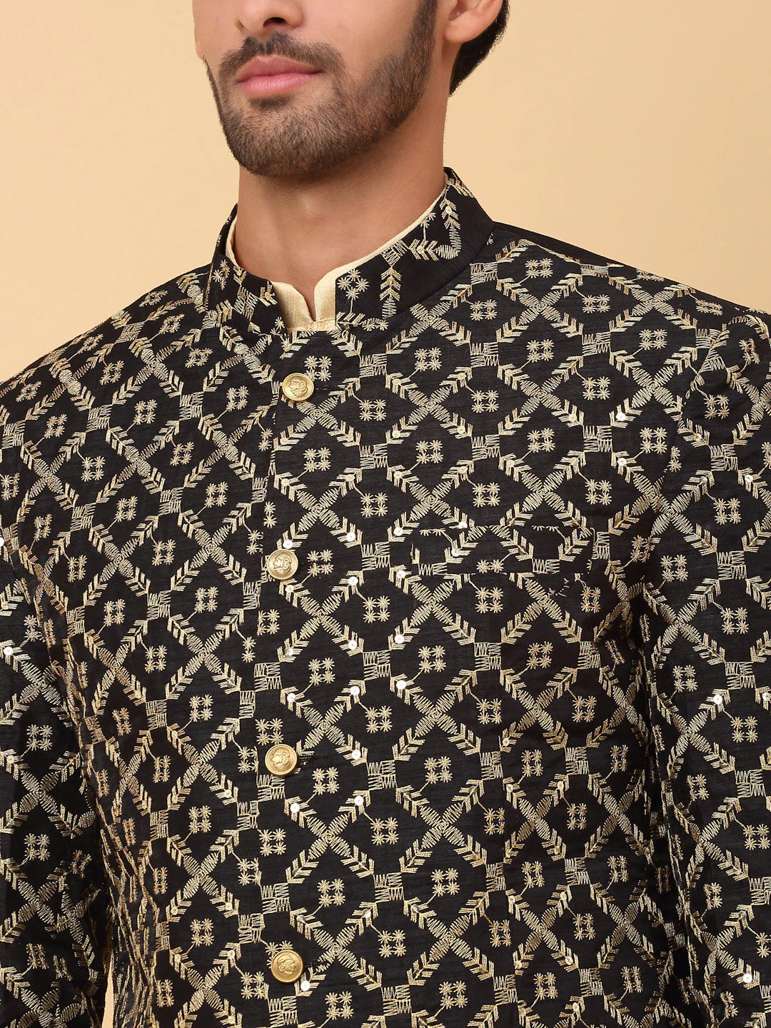 KRAFT INDIA Men's Silk Beige Kurta Churidar With Embroidered Zari Bandhgala Suit/Coat - Image 3