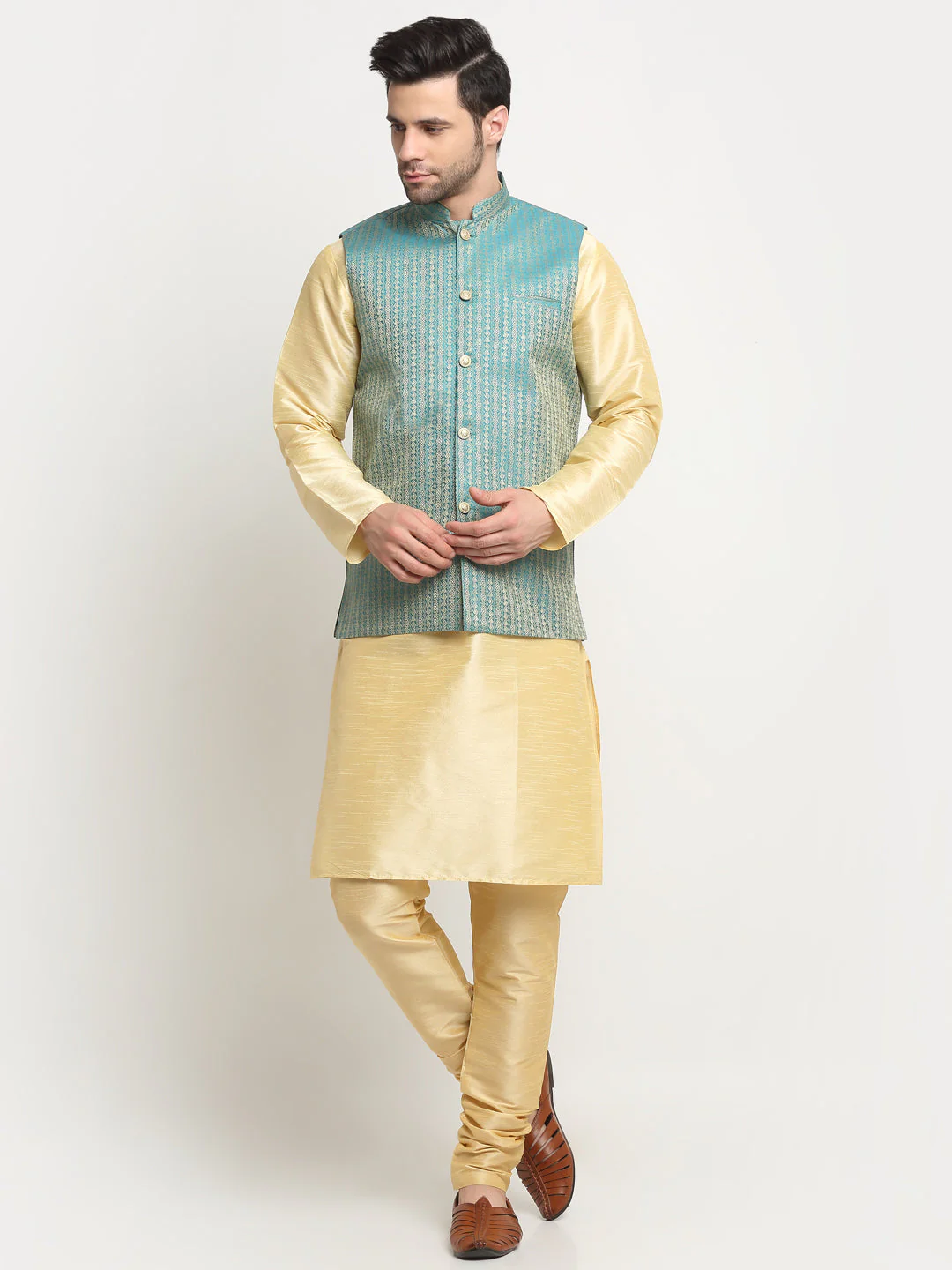 KRAFT INDIA Men's Silk Beige Kurta Churidar with Nehru Jacket Set - Image 10