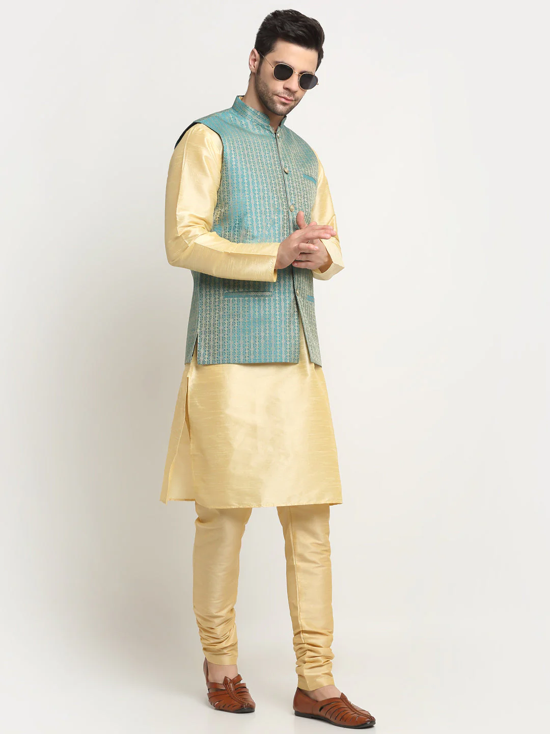 KRAFT INDIA Men's Silk Beige Kurta Churidar with Nehru Jacket Set - Image 14