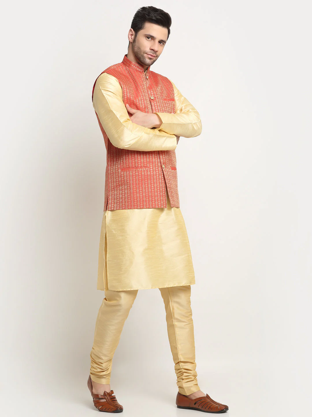 KRAFT INDIA Men's Silk Beige Kurta Churidar with Nehru Jacket Set - Image 2