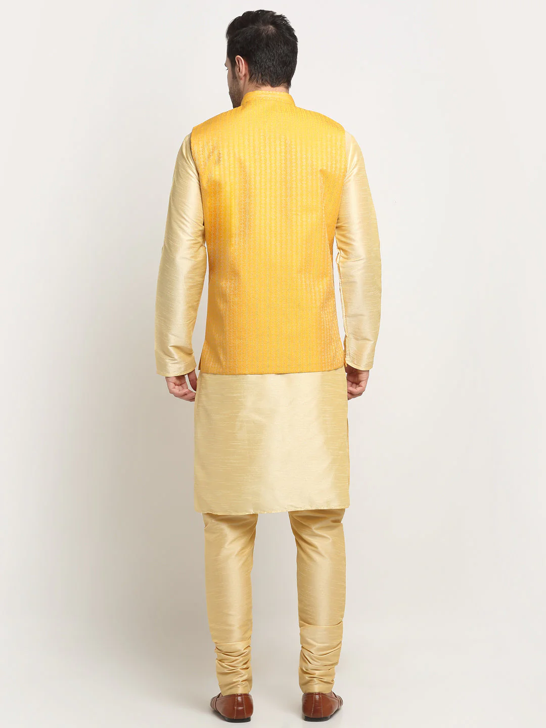 KRAFT INDIA Men's Silk Beige Kurta Churidar with Nehru Jacket Set - Image 20