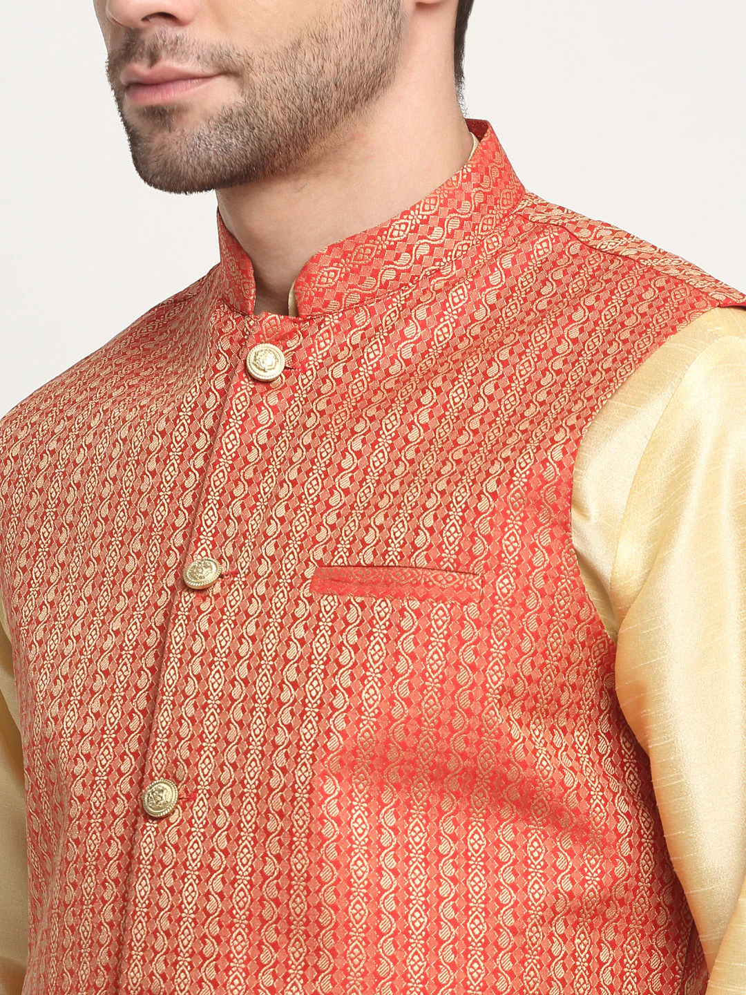 KRAFT INDIA Men's Silk Beige Kurta Churidar with Nehru Jacket Set - Image 6