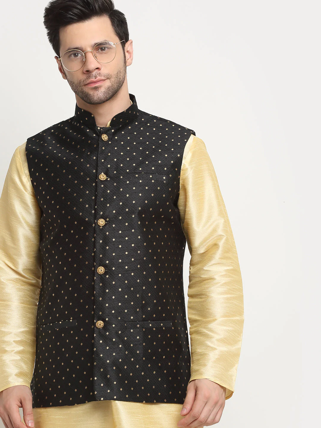 KRAFT INDIA Men's Silk Beige Kurta Churidar With Polka Dotted Nehru Jacket Set - Image 15