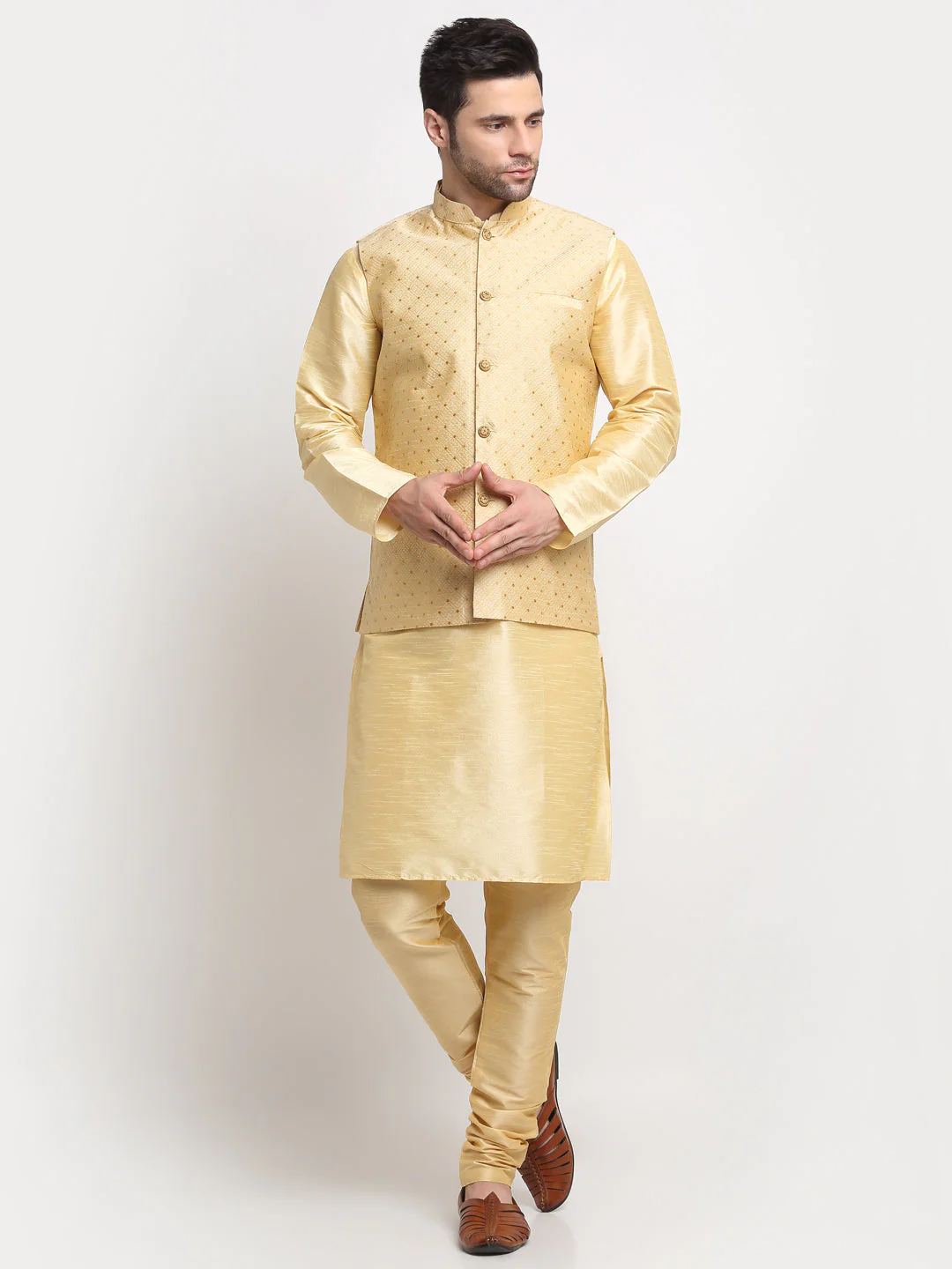 KRAFT INDIA Men's Silk Beige Kurta Churidar With Polka Dotted Nehru Jacket Set - Image 19