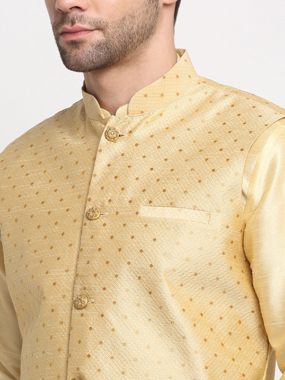 KRAFT INDIA Men's Silk Beige Kurta Churidar With Polka Dotted Nehru Jacket Set - Image 22