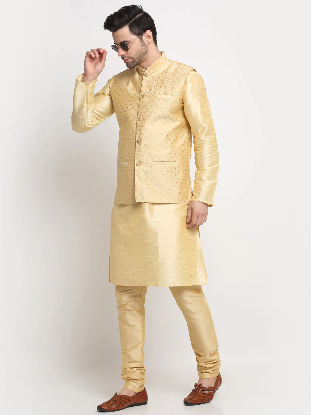 KRAFT INDIA Men's Silk Beige Kurta Churidar With Polka Dotted Nehru Jacket Set - Image 23