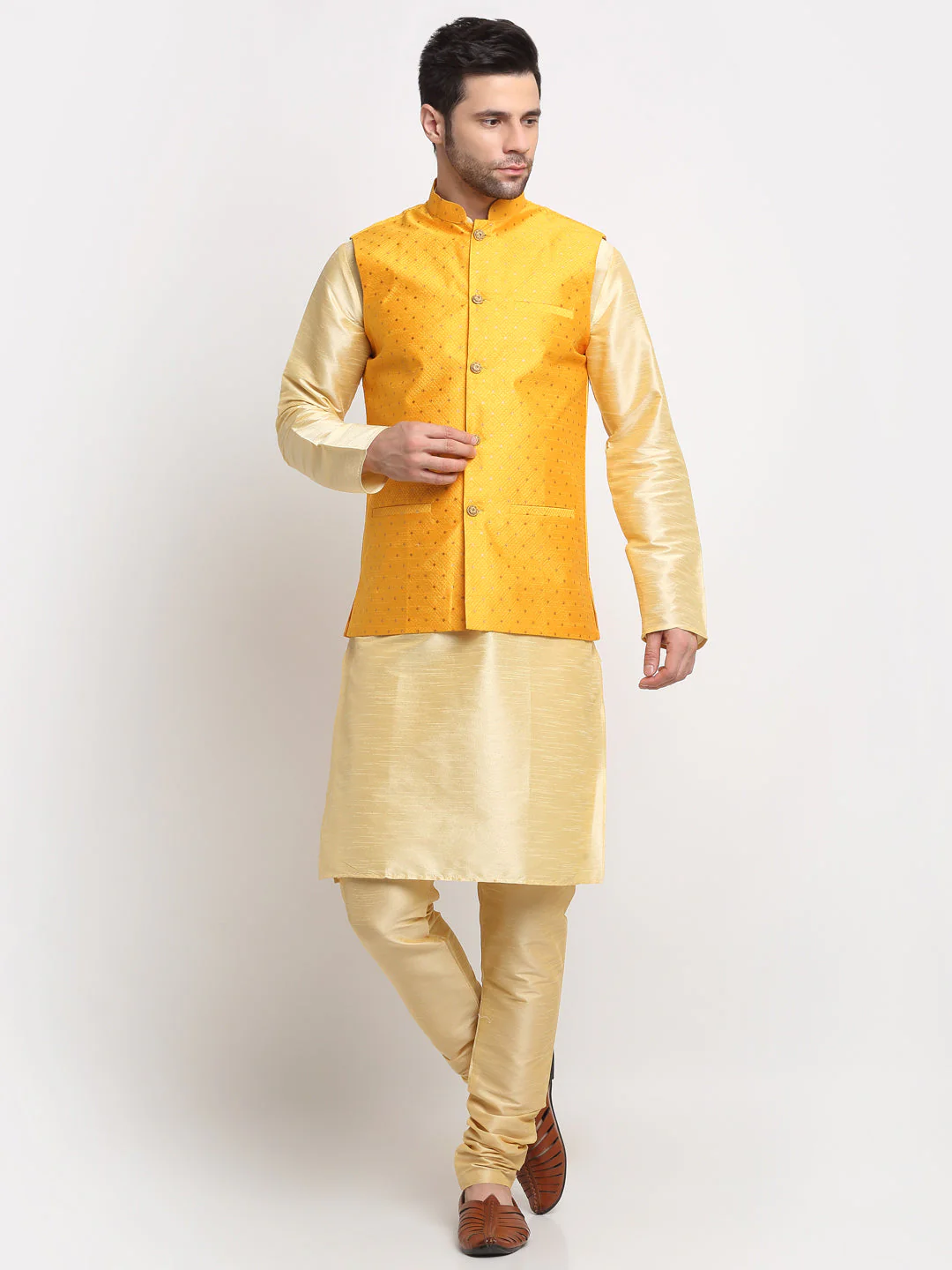 KRAFT INDIA Men's Silk Beige Kurta Churidar With Polka Dotted Nehru Jacket Set - Image 28