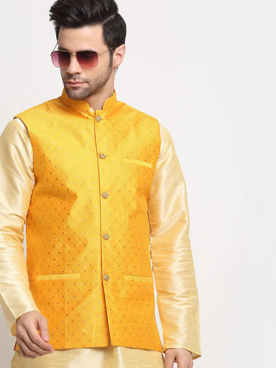 KRAFT INDIA Men's Silk Beige Kurta Churidar With Polka Dotted Nehru Jacket Set - Image 33
