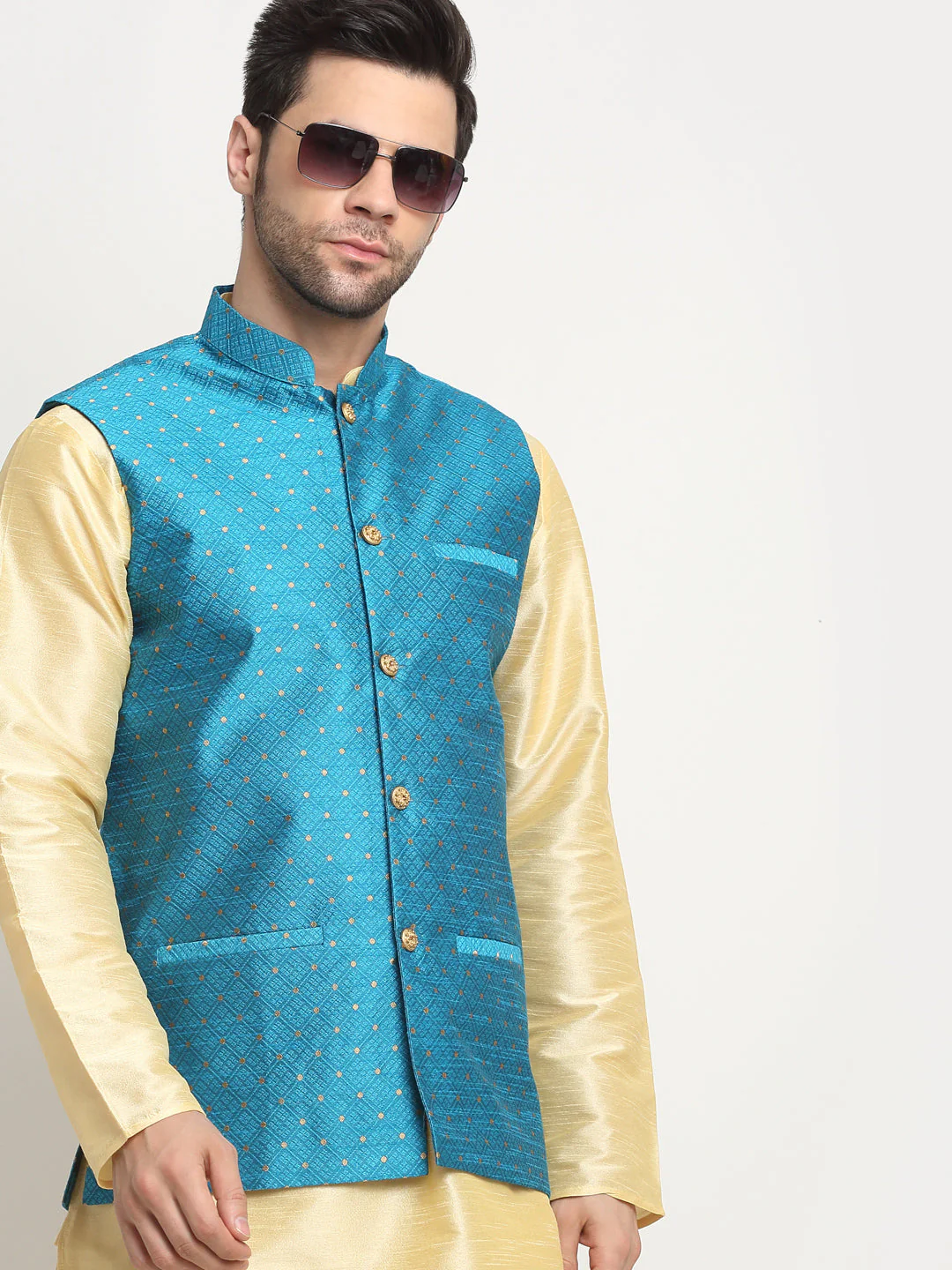 KRAFT INDIA Men's Silk Beige Kurta Churidar With Polka Dotted Nehru Jacket Set - Image 6