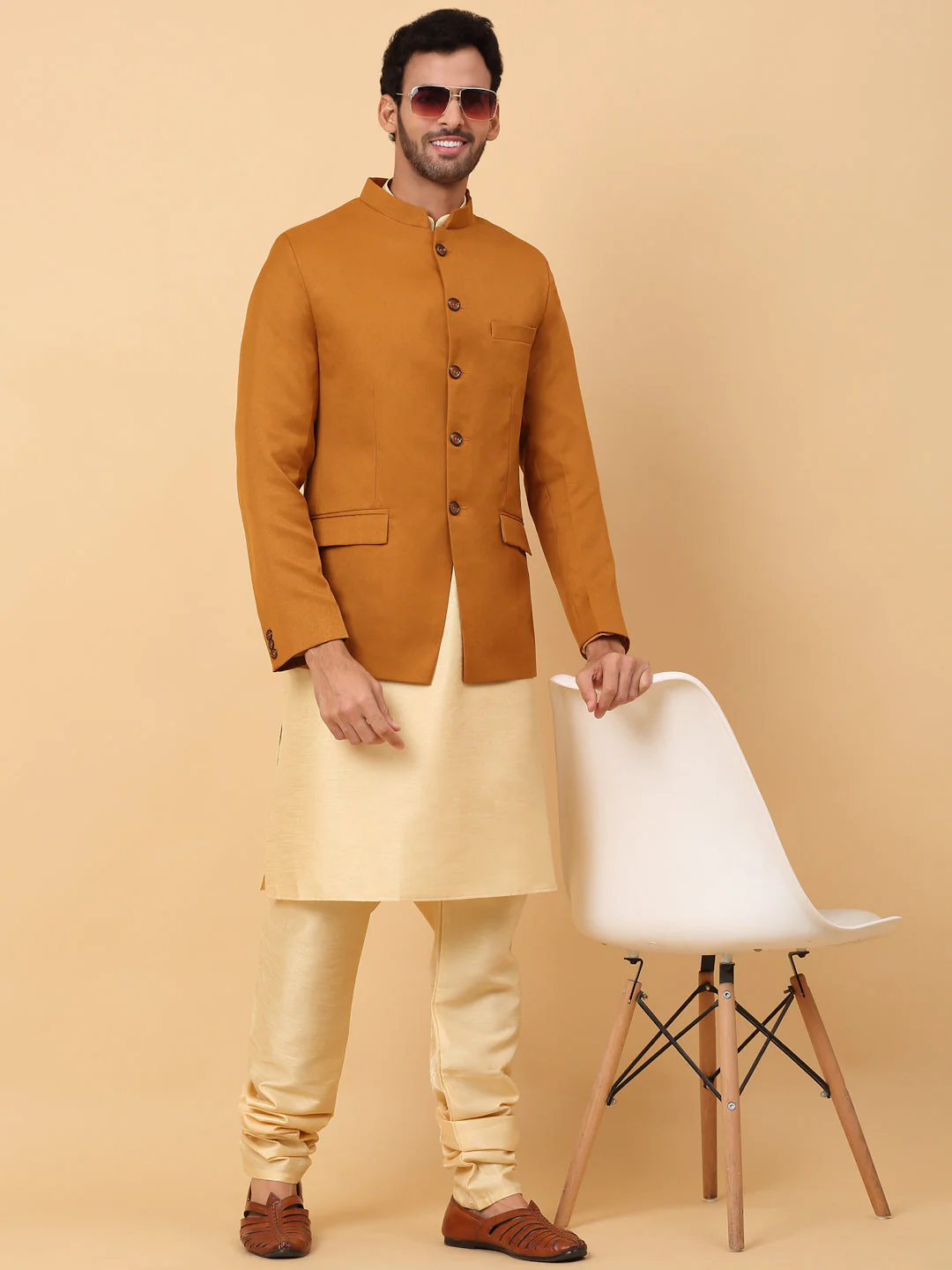 KRAFT INDIA Men's Silk Beige Kurta Churidar With Solid Twill Bandhgala Suit/Coat - Image 13