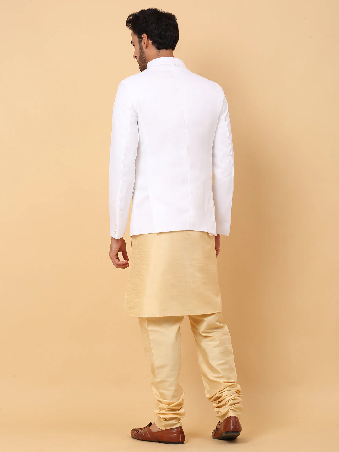 KRAFT INDIA Men's Silk Beige Kurta Churidar With Solid Twill Bandhgala Suit/Coat - Image 22