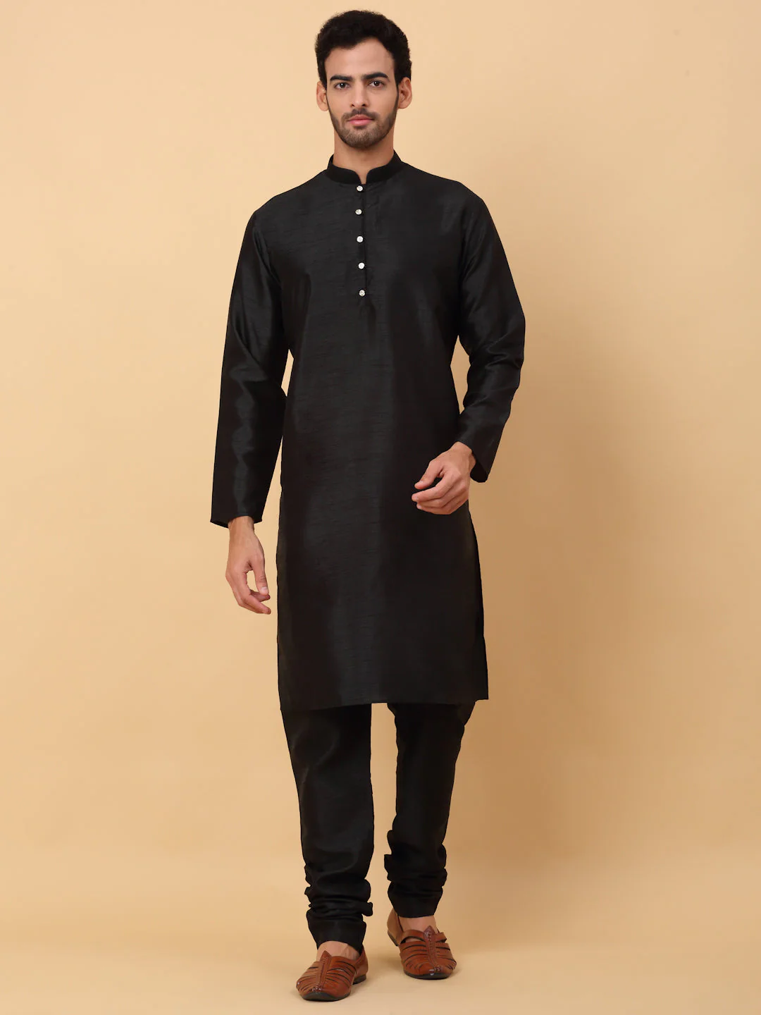 KRAFT INDIA Men's Silk Black Kurta Churidar With Embroidered Zari Bandhgala Suit/Coat - Image 4