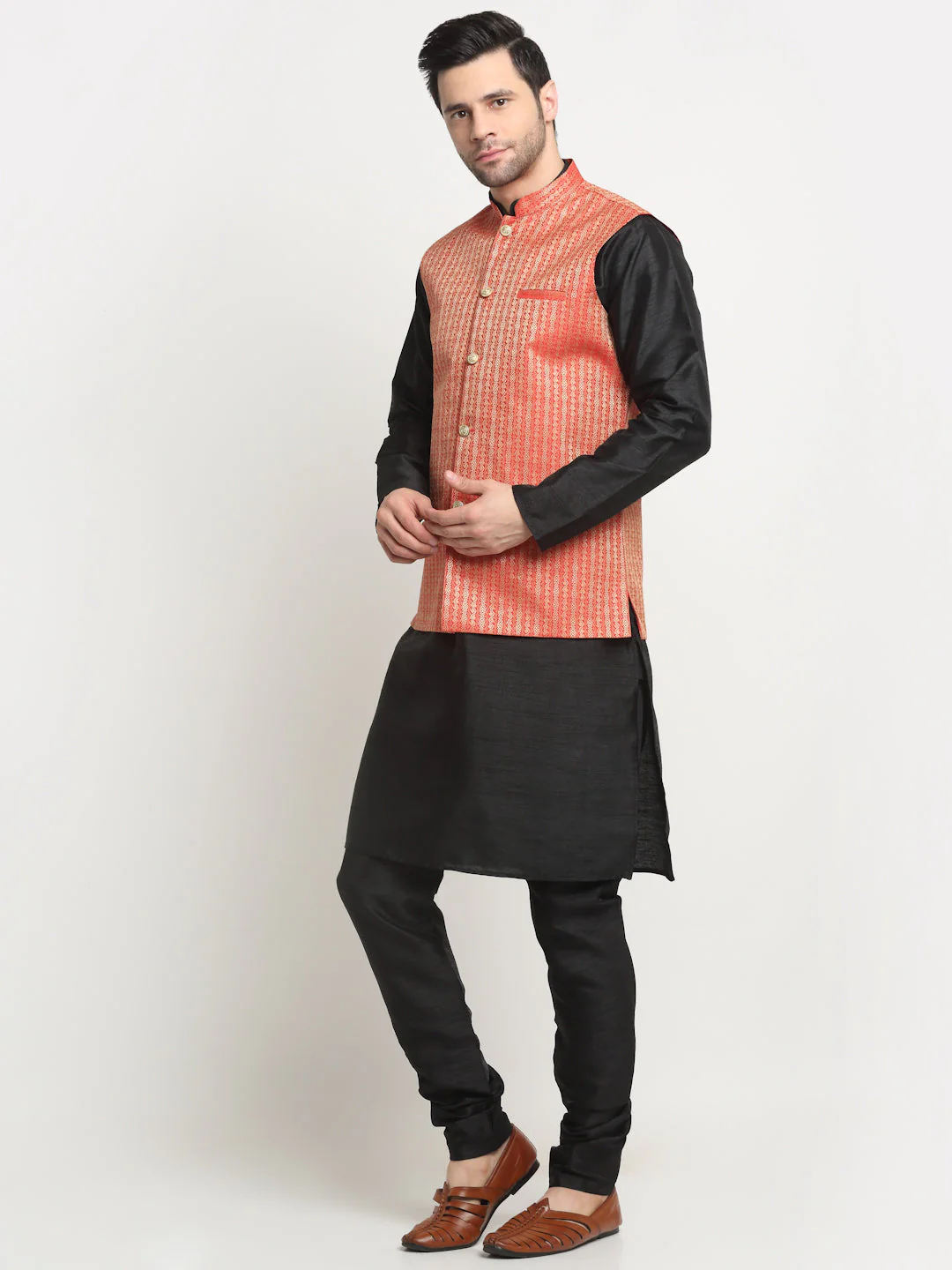 KRAFT INDIA Men's Silk Black Kurta Churidar with Nehru Jacket Set - Image 12