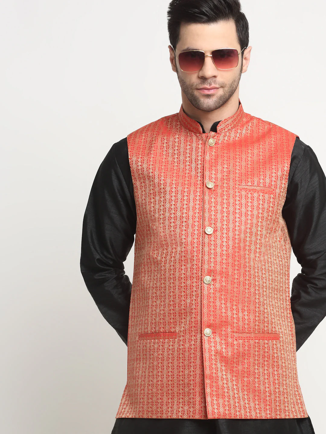 KRAFT INDIA Men's Silk Black Kurta Churidar with Nehru Jacket Set - Image 15