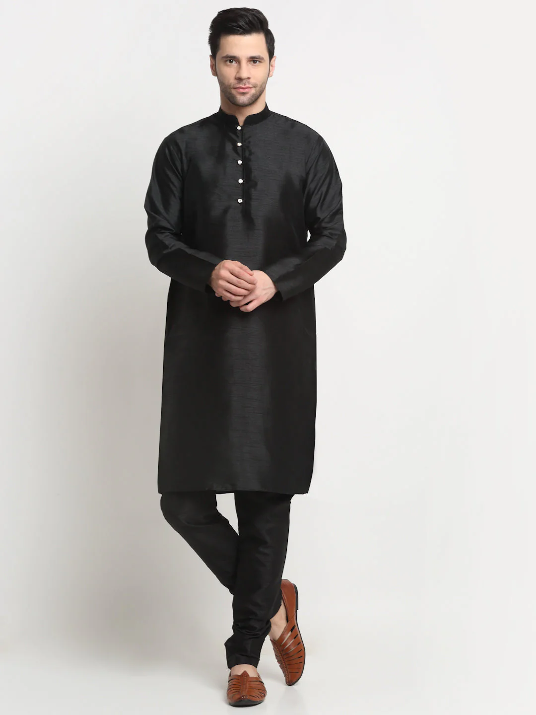 KRAFT INDIA Men's Silk Black Kurta Churidar with Nehru Jacket Set - Image 16