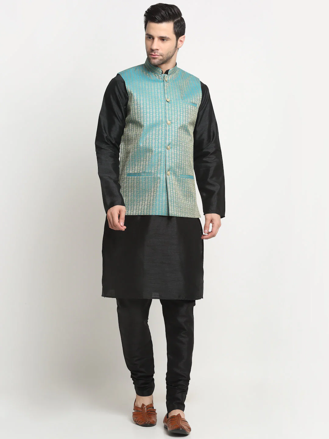 KRAFT INDIA Men's Silk Black Kurta Churidar with Nehru Jacket Set - Image 19
