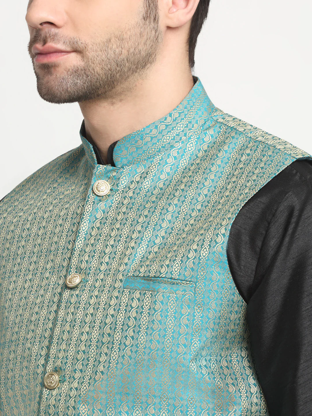 KRAFT INDIA Men's Silk Black Kurta Churidar with Nehru Jacket Set - Image 22