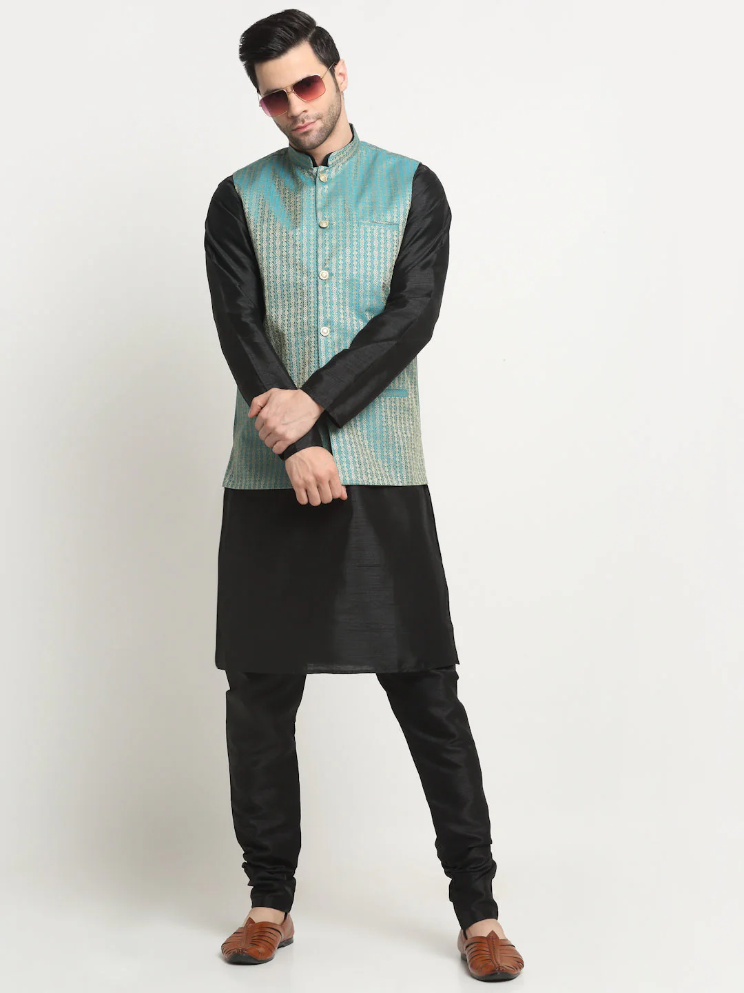 KRAFT INDIA Men's Silk Black Kurta Churidar with Nehru Jacket Set - Image 23