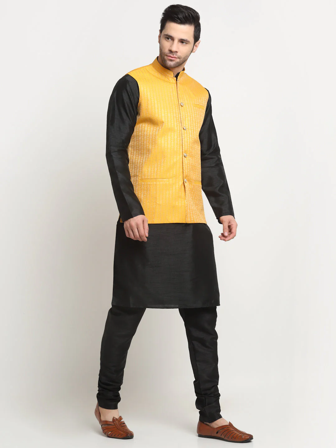 KRAFT INDIA Men's Silk Black Kurta Churidar with Nehru Jacket Set - Image 3