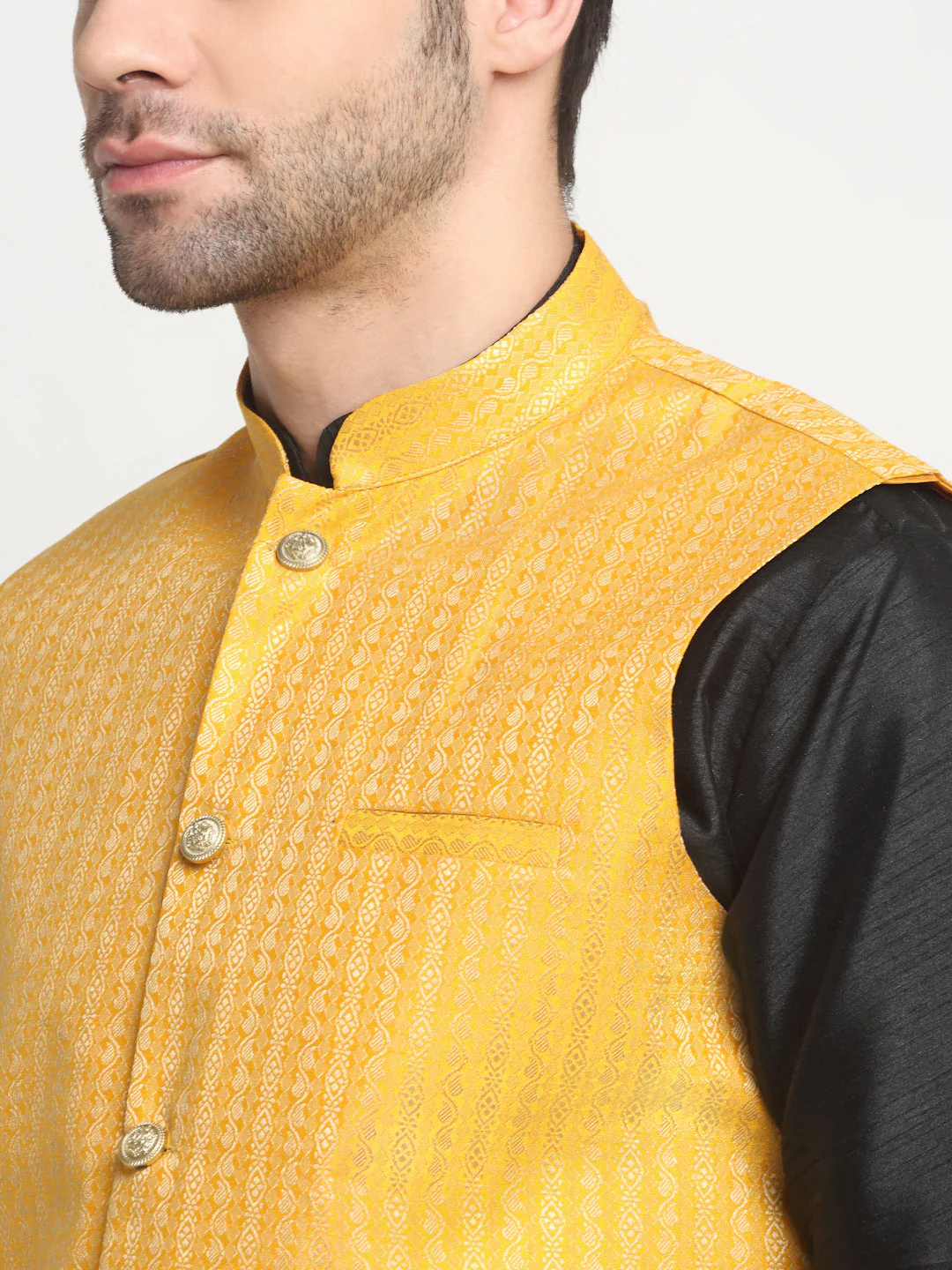 KRAFT INDIA Men's Silk Black Kurta Churidar with Nehru Jacket Set - Image 4