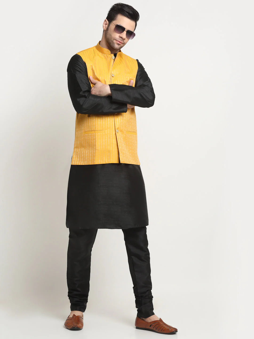 KRAFT INDIA Men's Silk Black Kurta Churidar with Nehru Jacket Set - Image 5