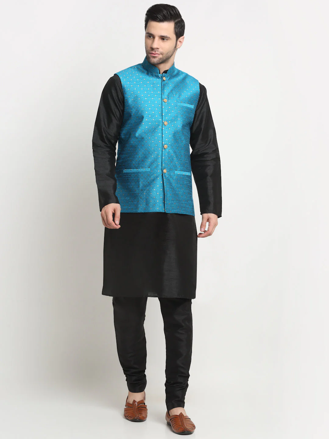KRAFT INDIA Men's Silk Black Kurta Churidar With Polka Dotted Nehru Jacket Set - Image 10