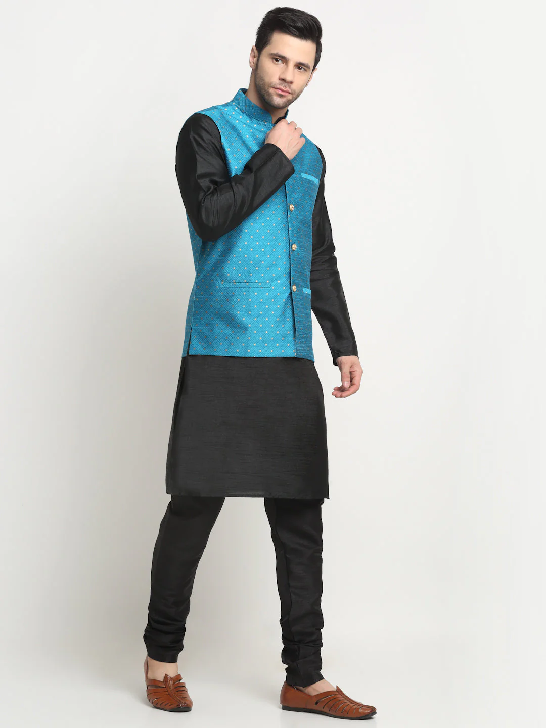 KRAFT INDIA Men's Silk Black Kurta Churidar With Polka Dotted Nehru Jacket Set - Image 12