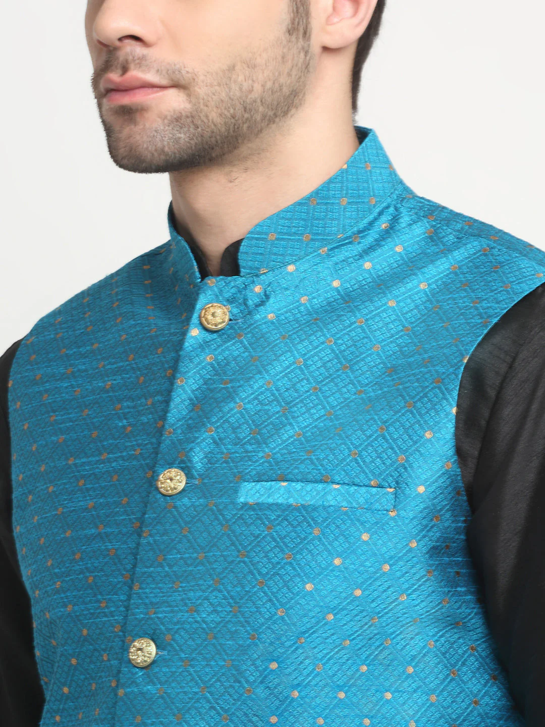 KRAFT INDIA Men's Silk Black Kurta Churidar With Polka Dotted Nehru Jacket Set - Image 13
