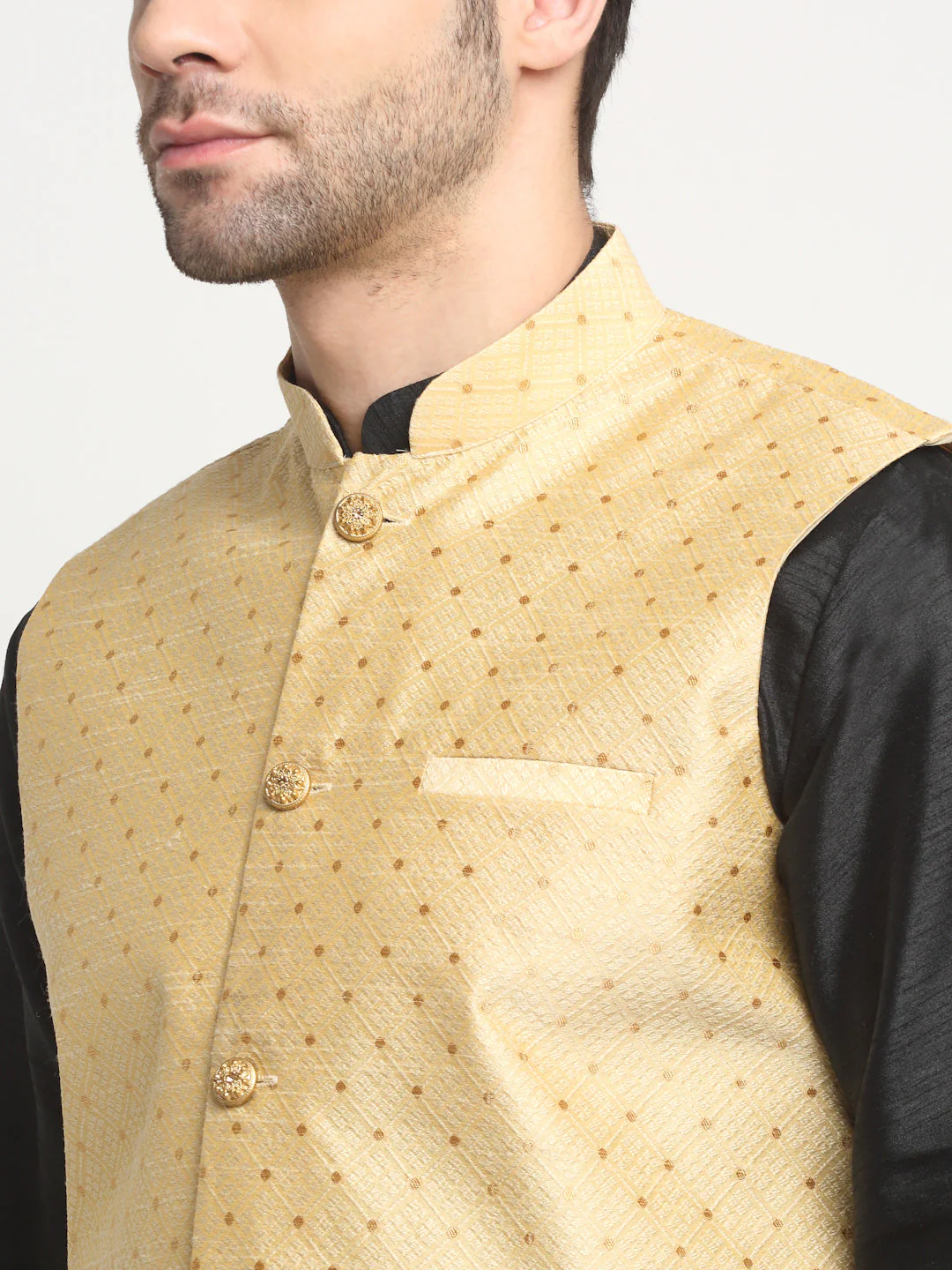 KRAFT INDIA Men's Silk Black Kurta Churidar With Polka Dotted Nehru Jacket Set - Image 22