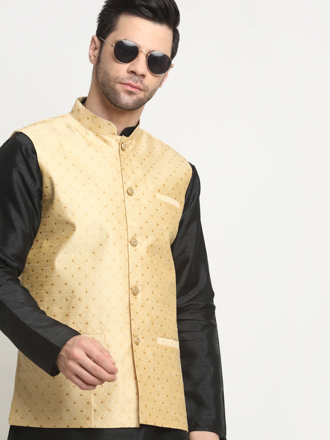 KRAFT INDIA Men's Silk Black Kurta Churidar With Polka Dotted Nehru Jacket Set - Image 24