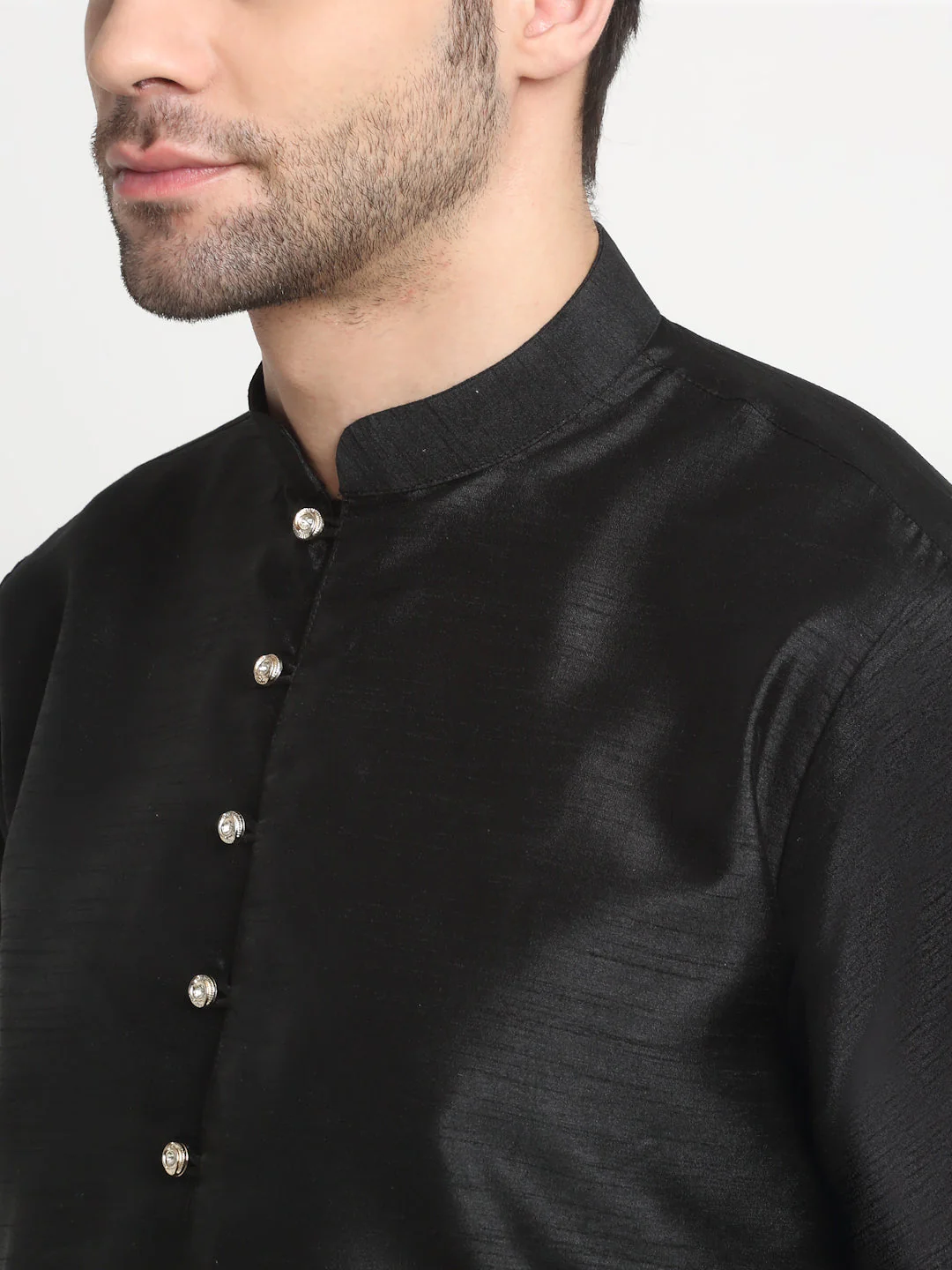 KRAFT INDIA Men's Silk Black Kurta Churidar With Polka Dotted Nehru Jacket Set - Image 26