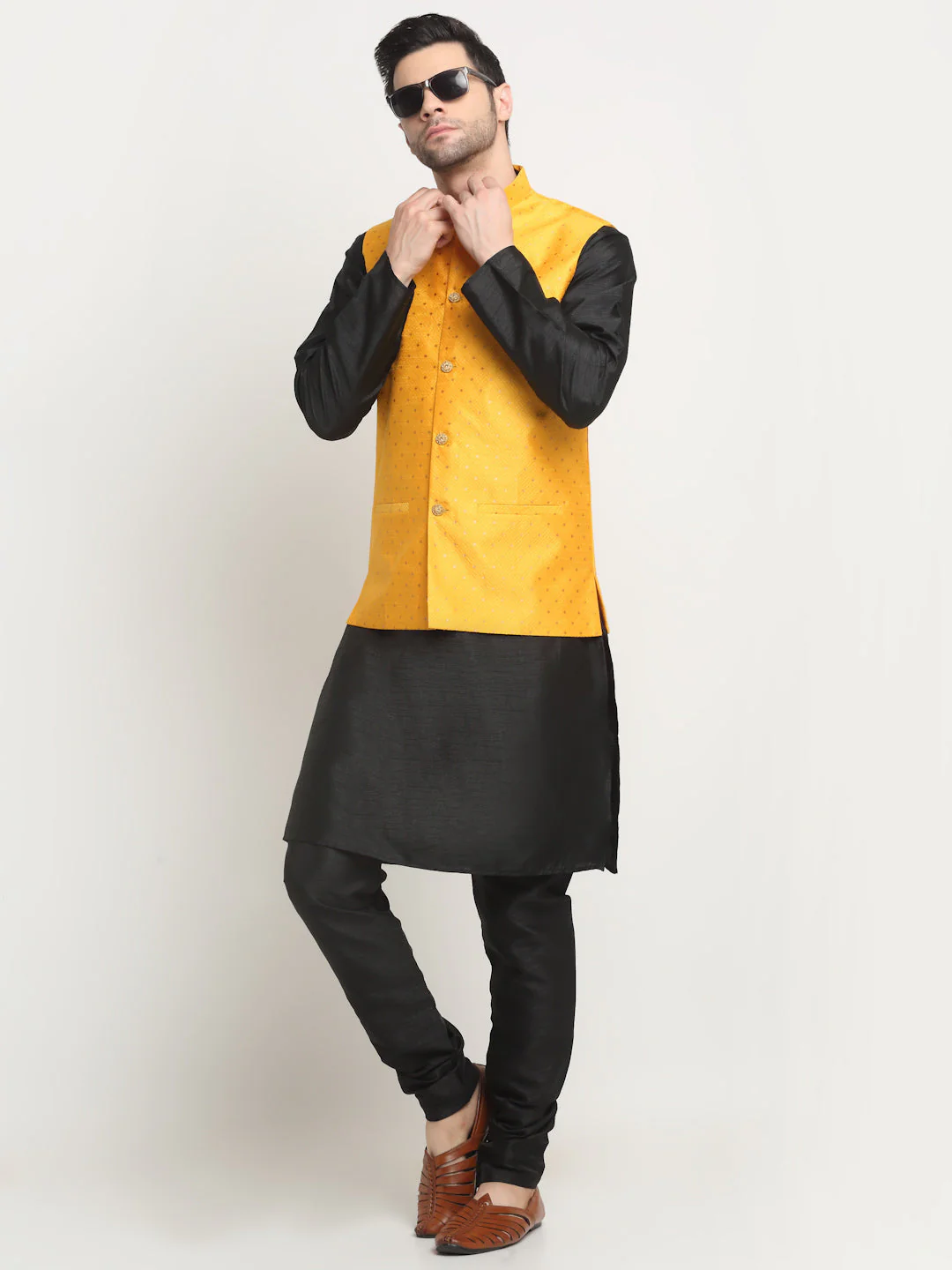 KRAFT INDIA Men's Silk Black Kurta Churidar With Polka Dotted Nehru Jacket Set - Image 32