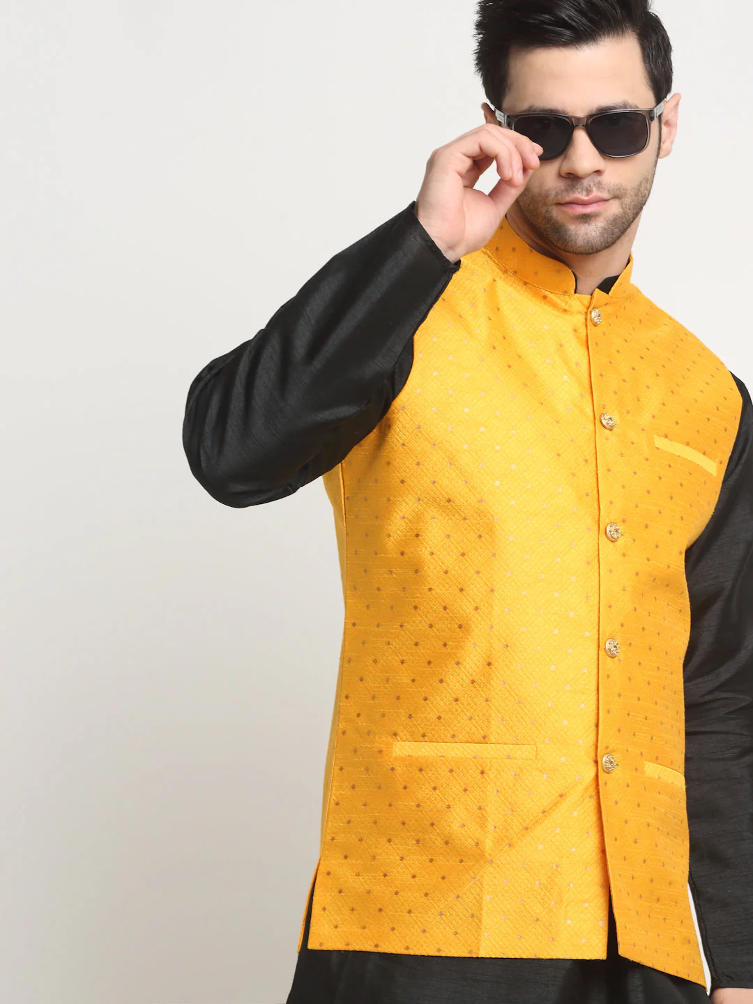 KRAFT INDIA Men's Silk Black Kurta Churidar With Polka Dotted Nehru Jacket Set - Image 33