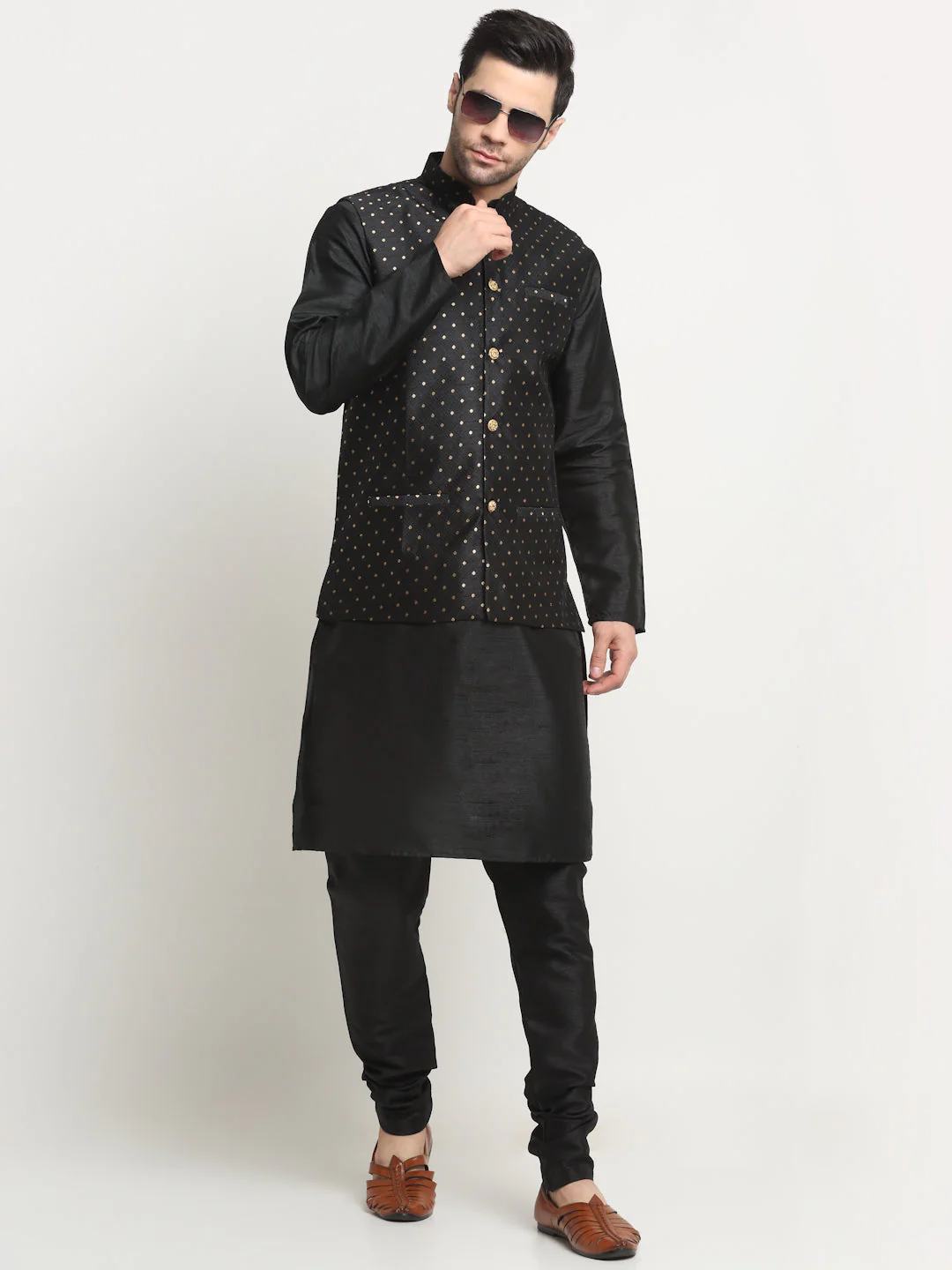 KRAFT INDIA Men's Silk Black Kurta Churidar With Polka Dotted Nehru Jacket Set - Image 5