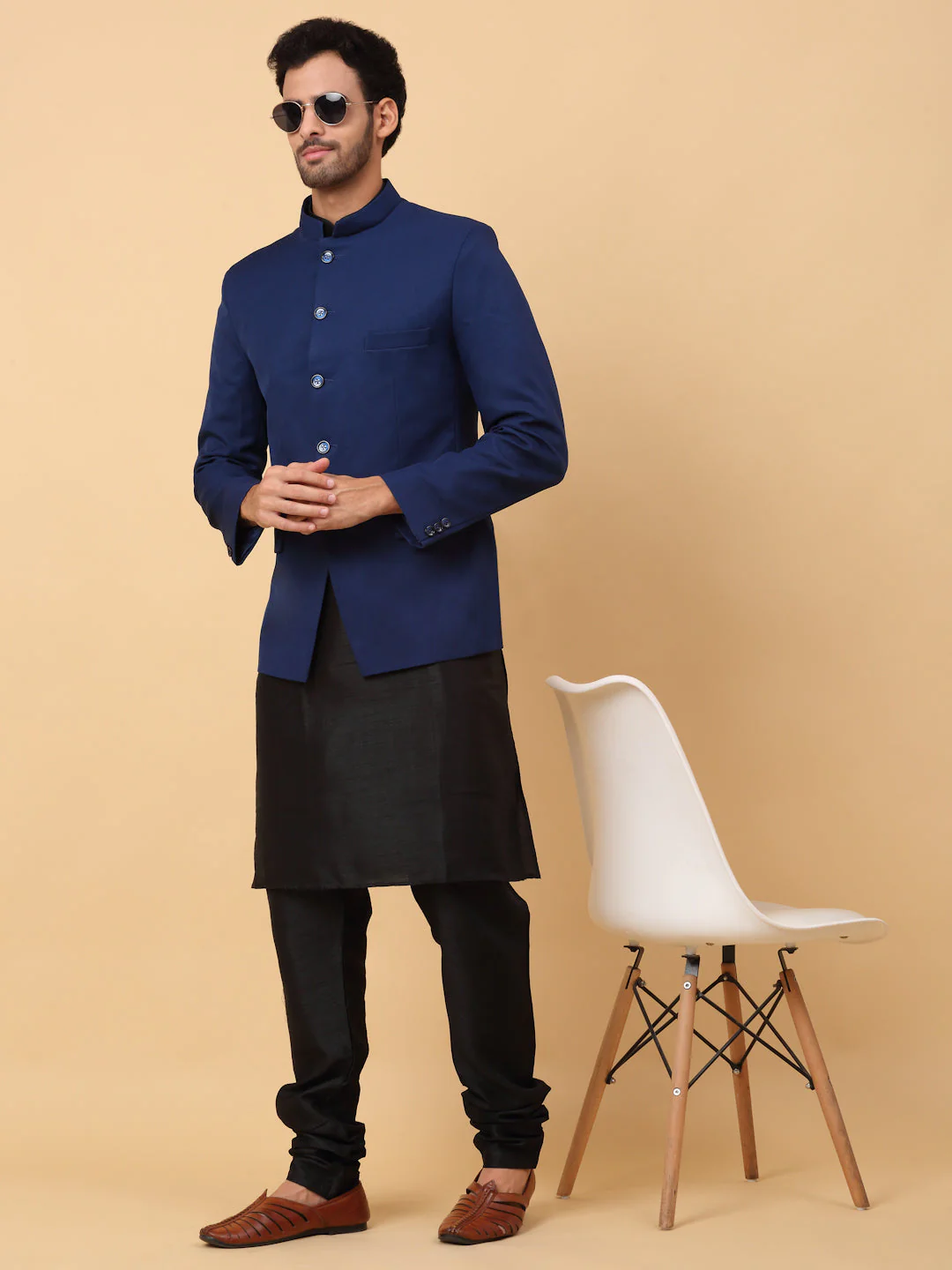 KRAFT INDIA Men's Silk Black Kurta Churidar With Solid Twill Bandhgala Suit/Coat - Image 20
