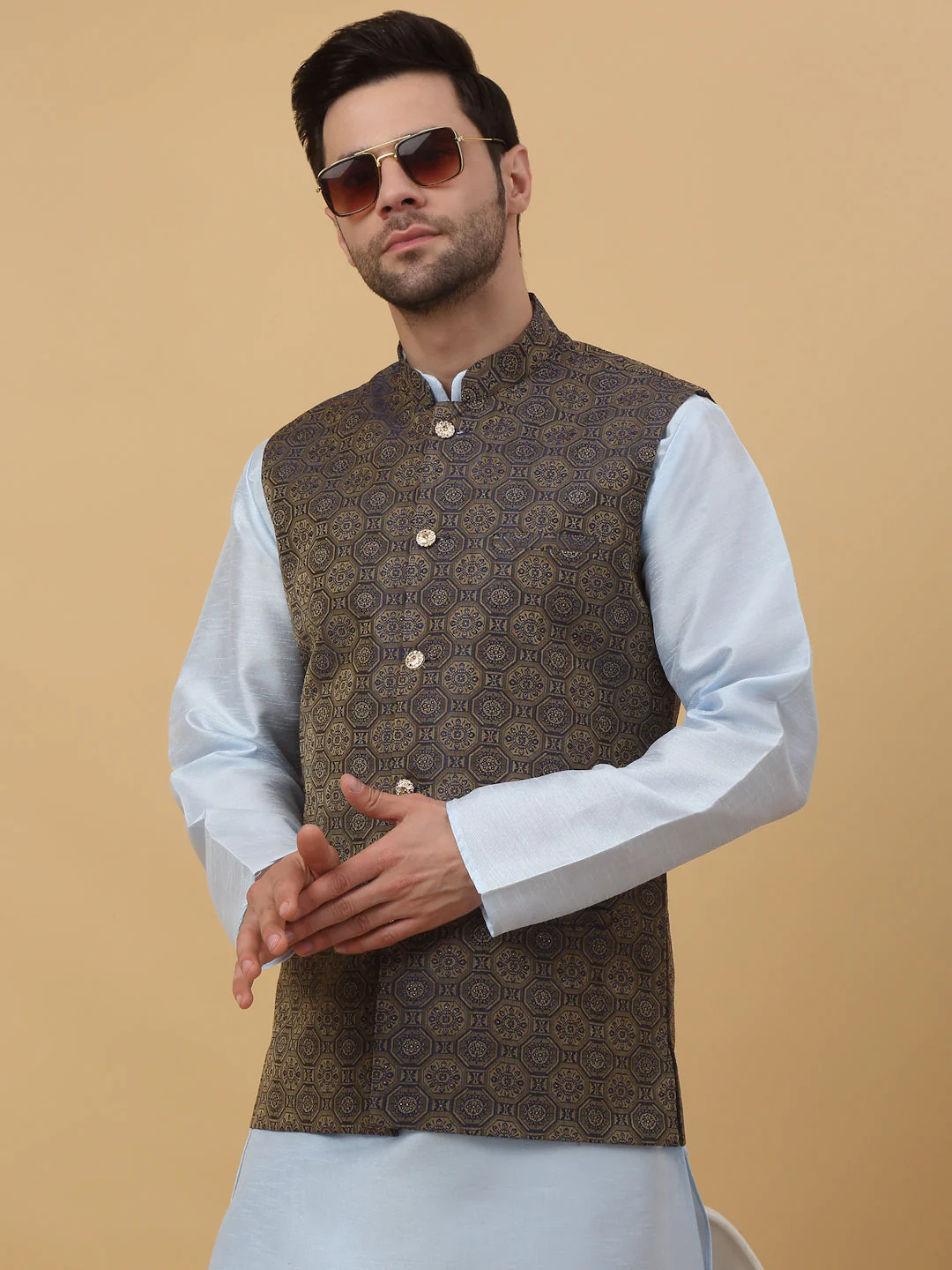 KRAFT INDIA Men's Silk Blend Bandhani Sleeveless Jacquard Nehru Jacket - Image 180