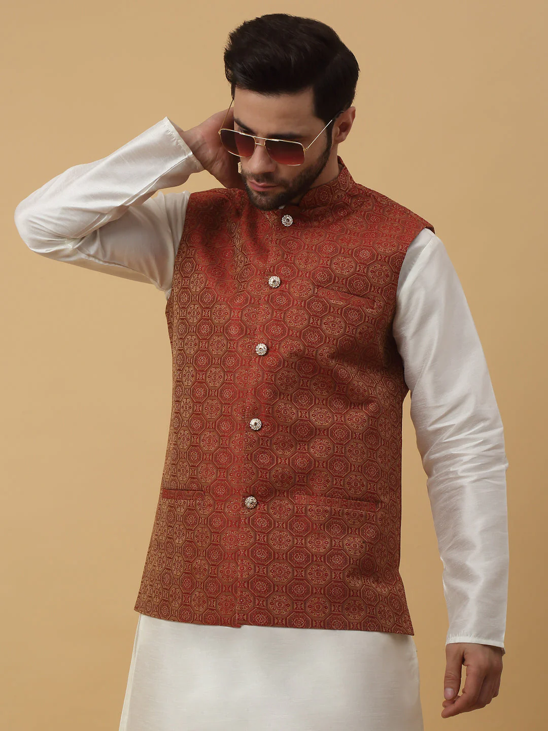 KRAFT INDIA Men's Silk Blend Bandhani Sleeveless Jacquard Nehru Jacket - Image 33