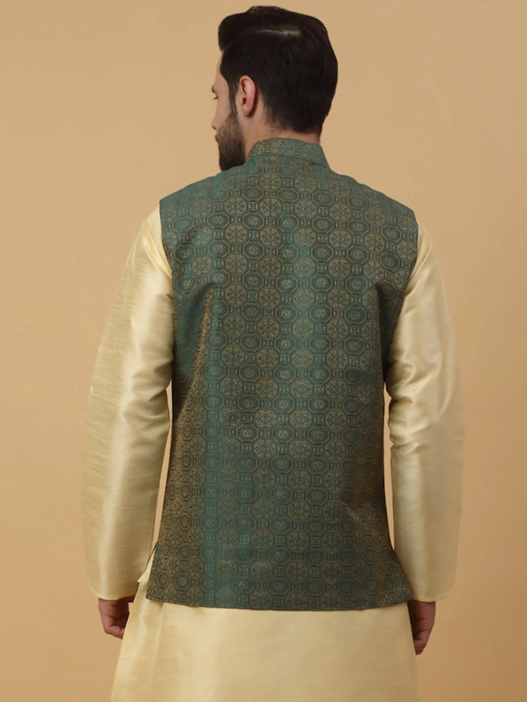 KRAFT INDIA Men's Silk Blend Bandhani Sleeveless Jacquard Nehru Jacket - Image 7