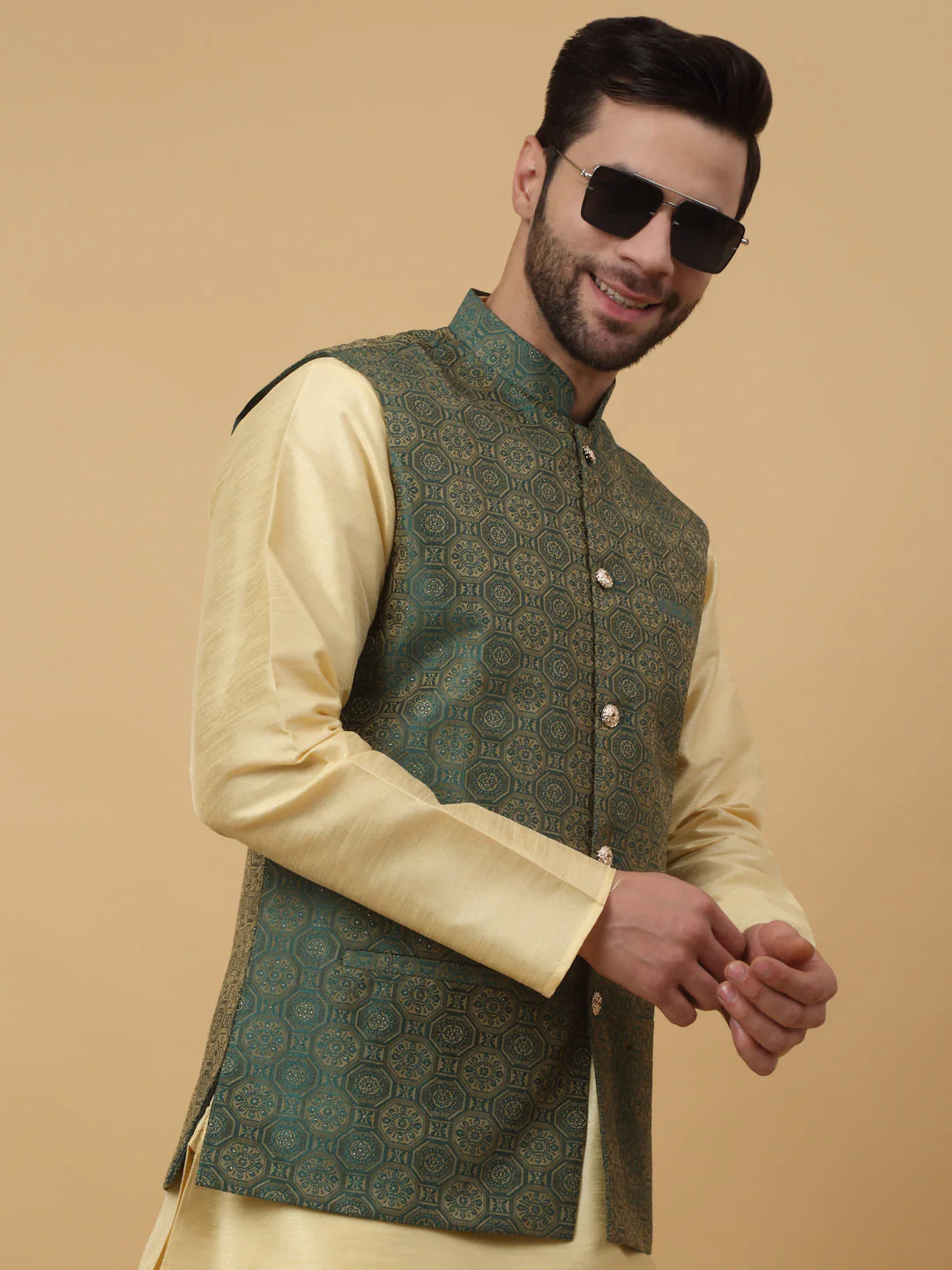 KRAFT INDIA Men's Silk Blend Bandhani Sleeveless Jacquard Nehru Jacket - Image 73