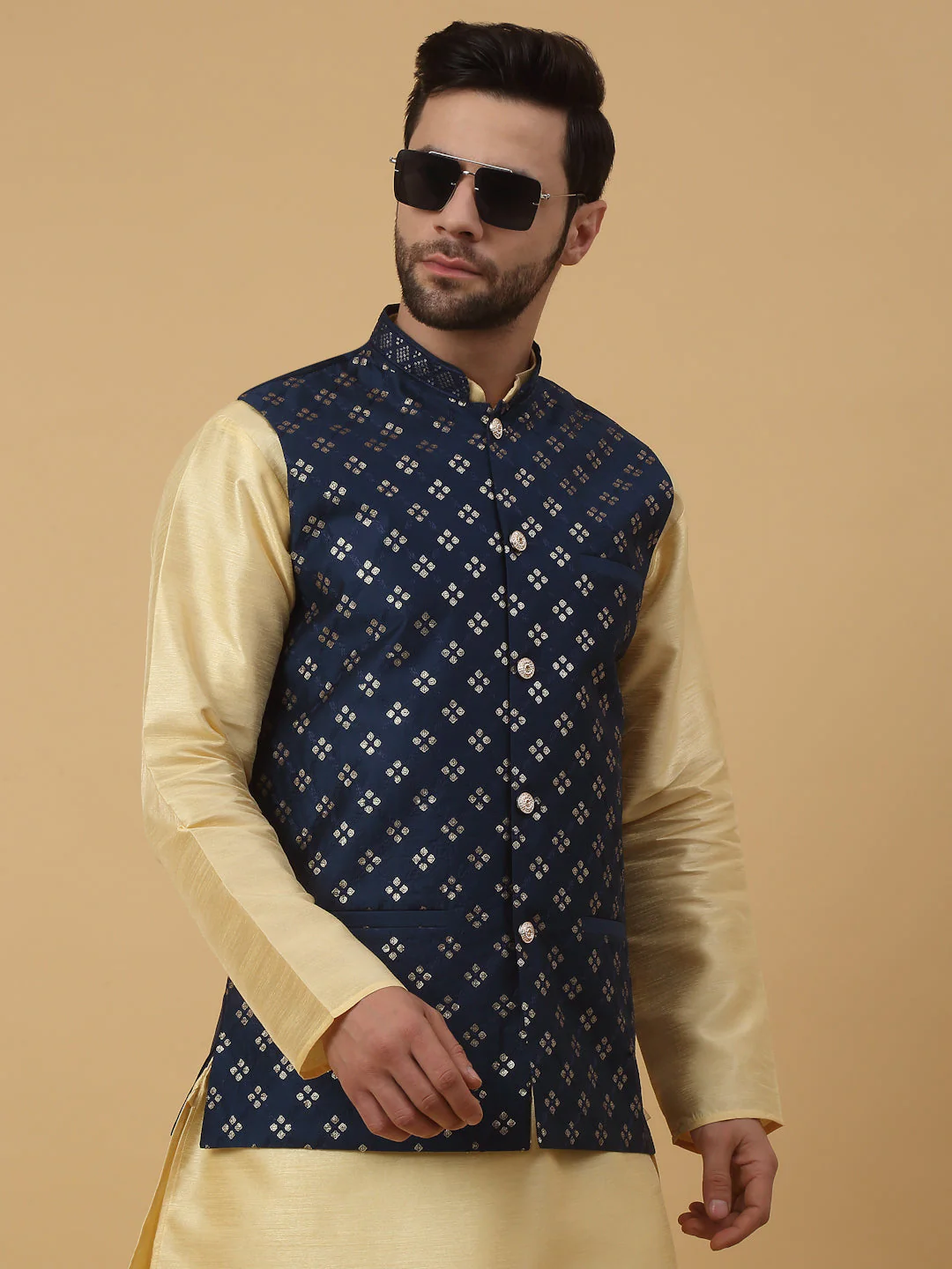KRAFT INDIA Men's Silk Blend Beige Kurta, Churidar with Cotton Silk Embroided Sequenced Nehru Jacket Set - Image 10