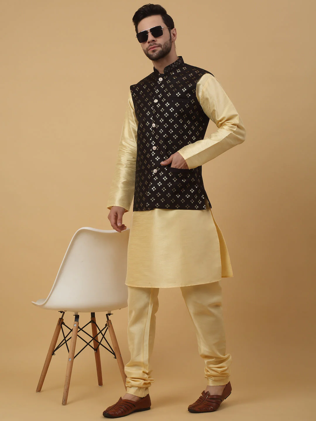 KRAFT INDIA Men's Silk Blend Beige Kurta, Churidar with Cotton Silk Embroided Sequenced Nehru Jacket Set - Image 105