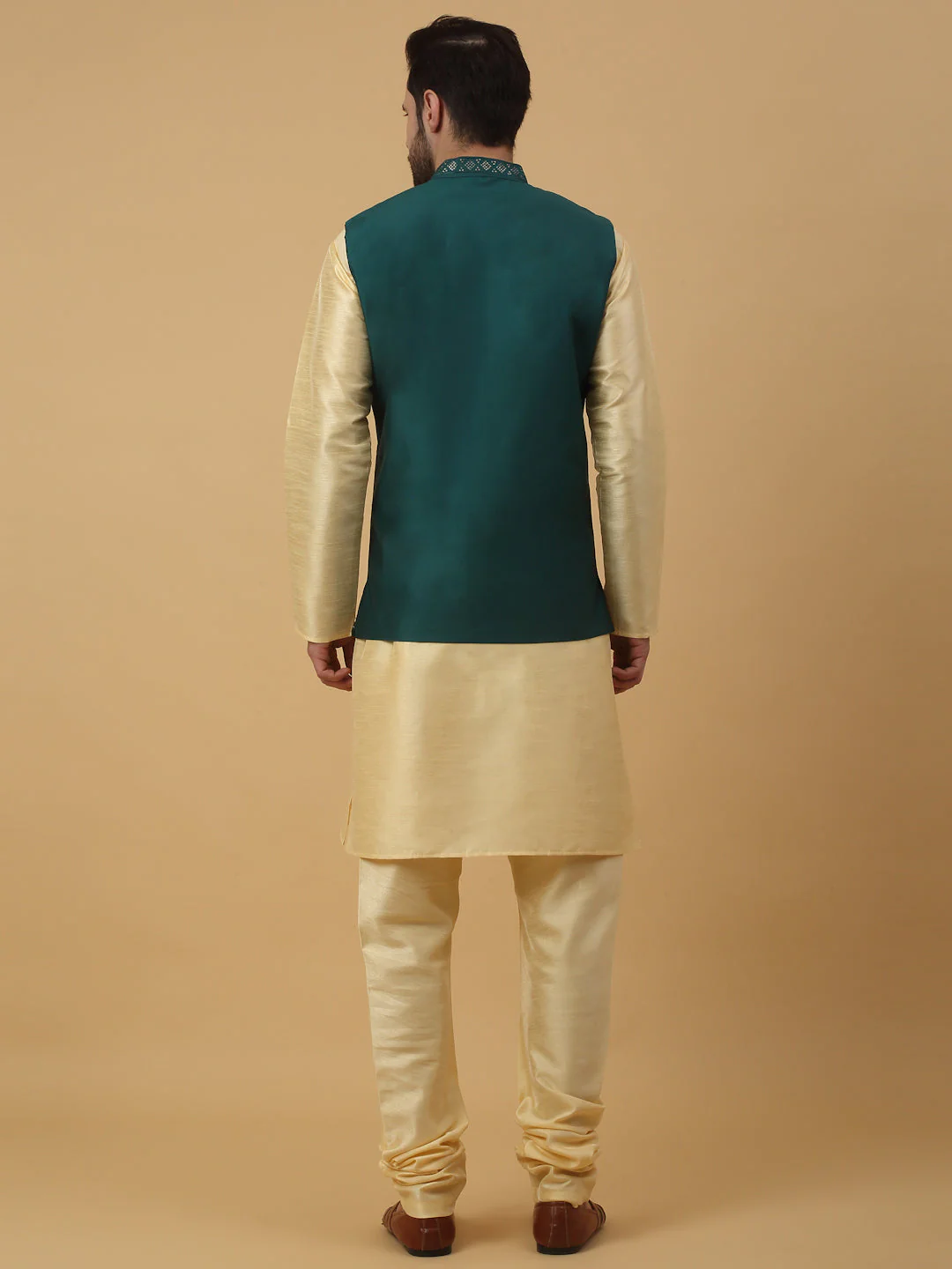 KRAFT INDIA Men's Silk Blend Beige Kurta, Churidar with Cotton Silk Embroided Sequenced Nehru Jacket Set - Image 12