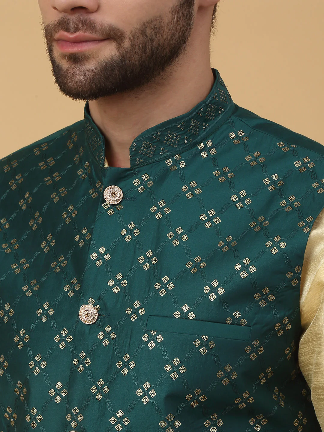 KRAFT INDIA Men's Silk Blend Beige Kurta, Churidar with Cotton Silk Embroided Sequenced Nehru Jacket Set - Image 13