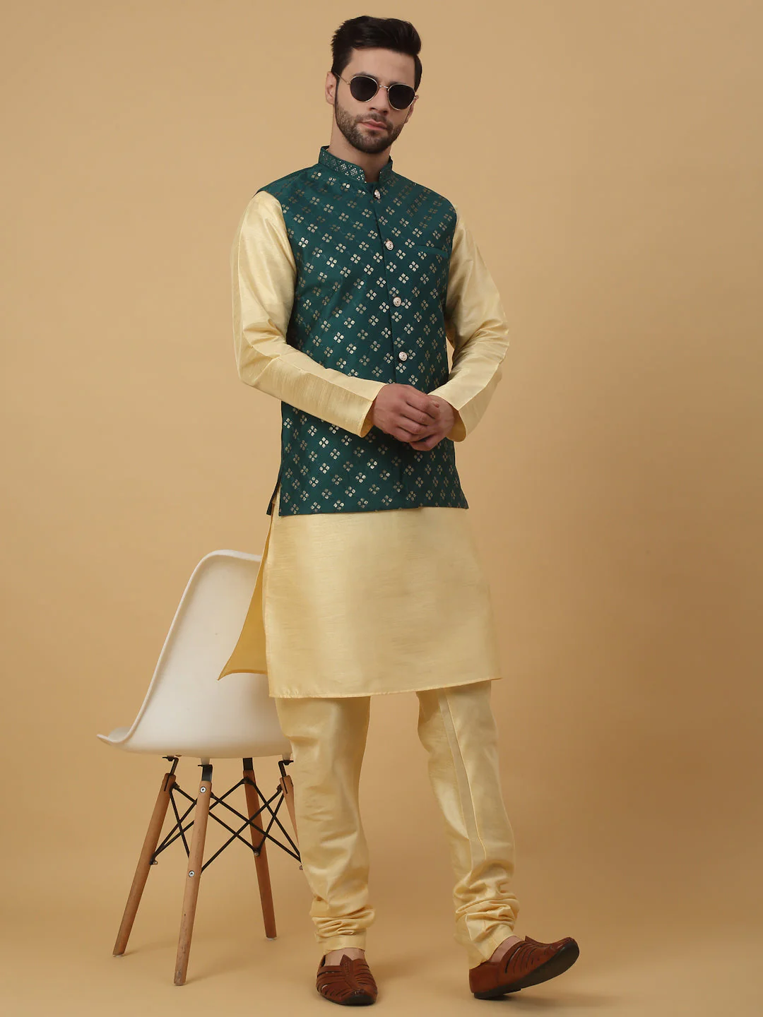 KRAFT INDIA Men's Silk Blend Beige Kurta, Churidar with Cotton Silk Embroided Sequenced Nehru Jacket Set - Image 135