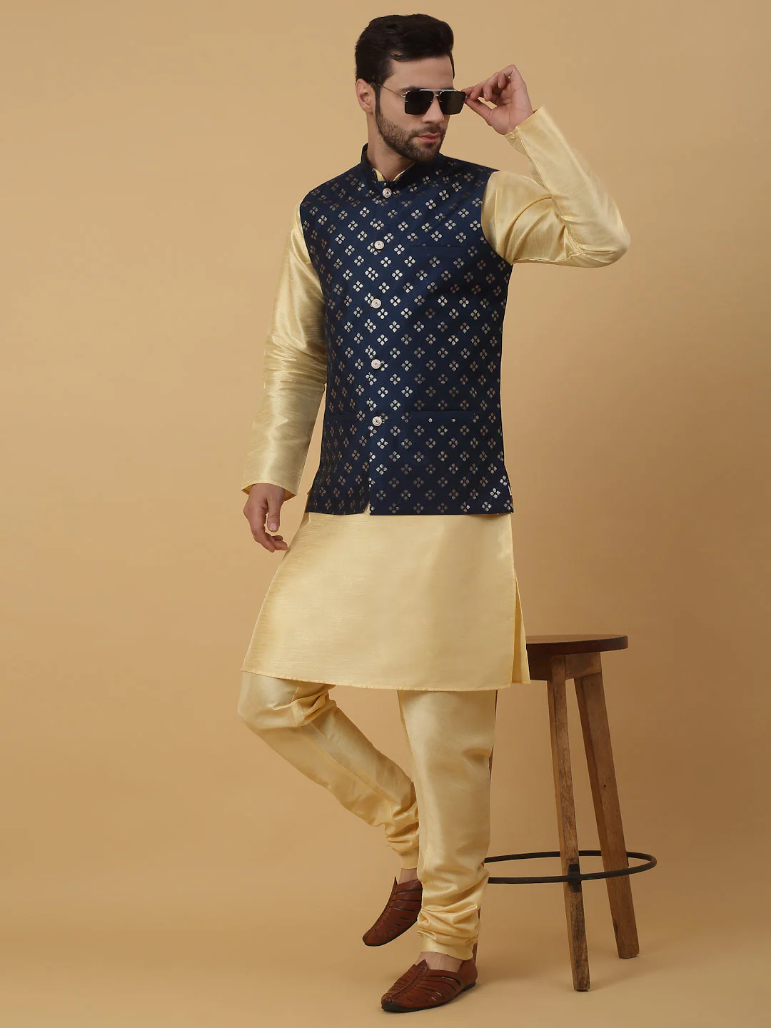 KRAFT INDIA Men's Silk Blend Beige Kurta, Churidar with Cotton Silk Embroided Sequenced Nehru Jacket Set - Image 187