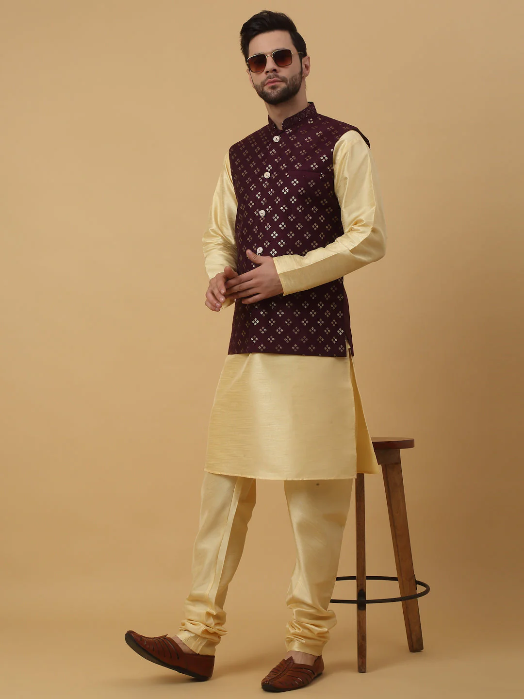 KRAFT INDIA Men's Silk Blend Beige Kurta, Churidar with Cotton Silk Embroided Sequenced Nehru Jacket Set - Image 202
