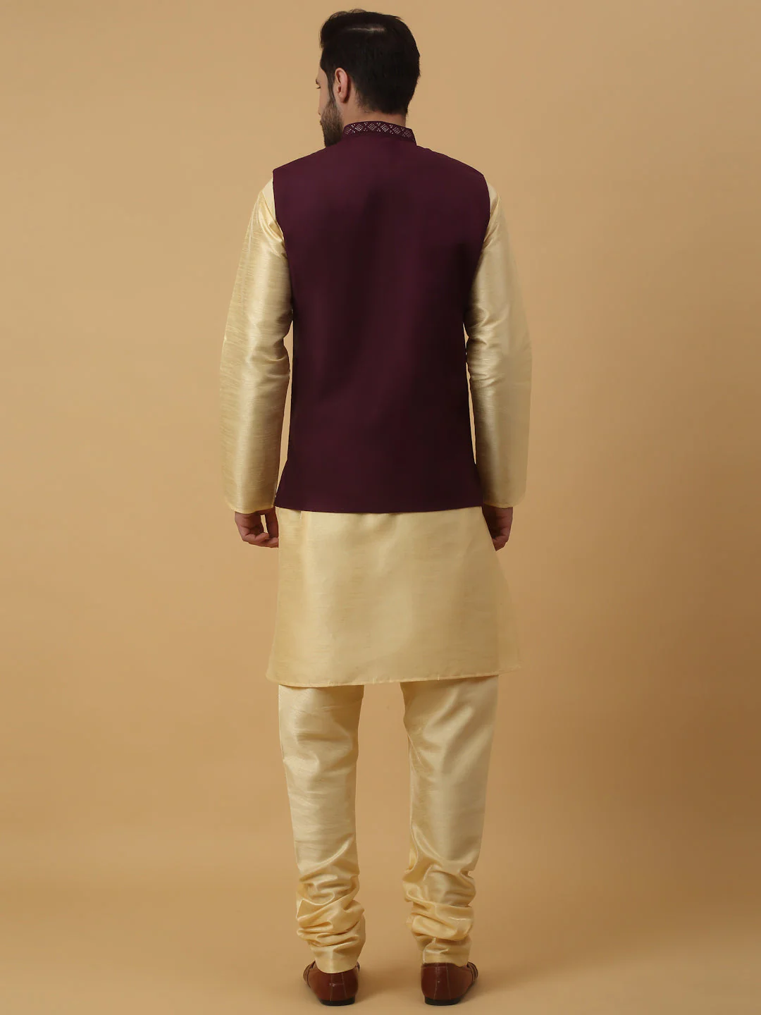 KRAFT INDIA Men's Silk Blend Beige Kurta, Churidar with Cotton Silk Embroided Sequenced Nehru Jacket Set - Image 22