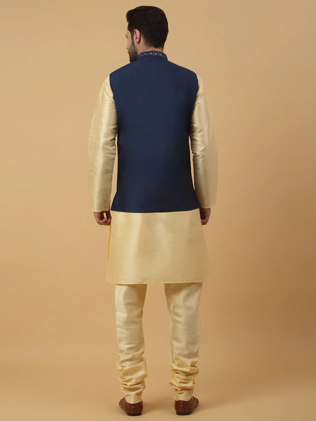 KRAFT INDIA Men's Silk Blend Beige Kurta, Churidar with Cotton Silk Embroided Sequenced Nehru Jacket Set - Image 7