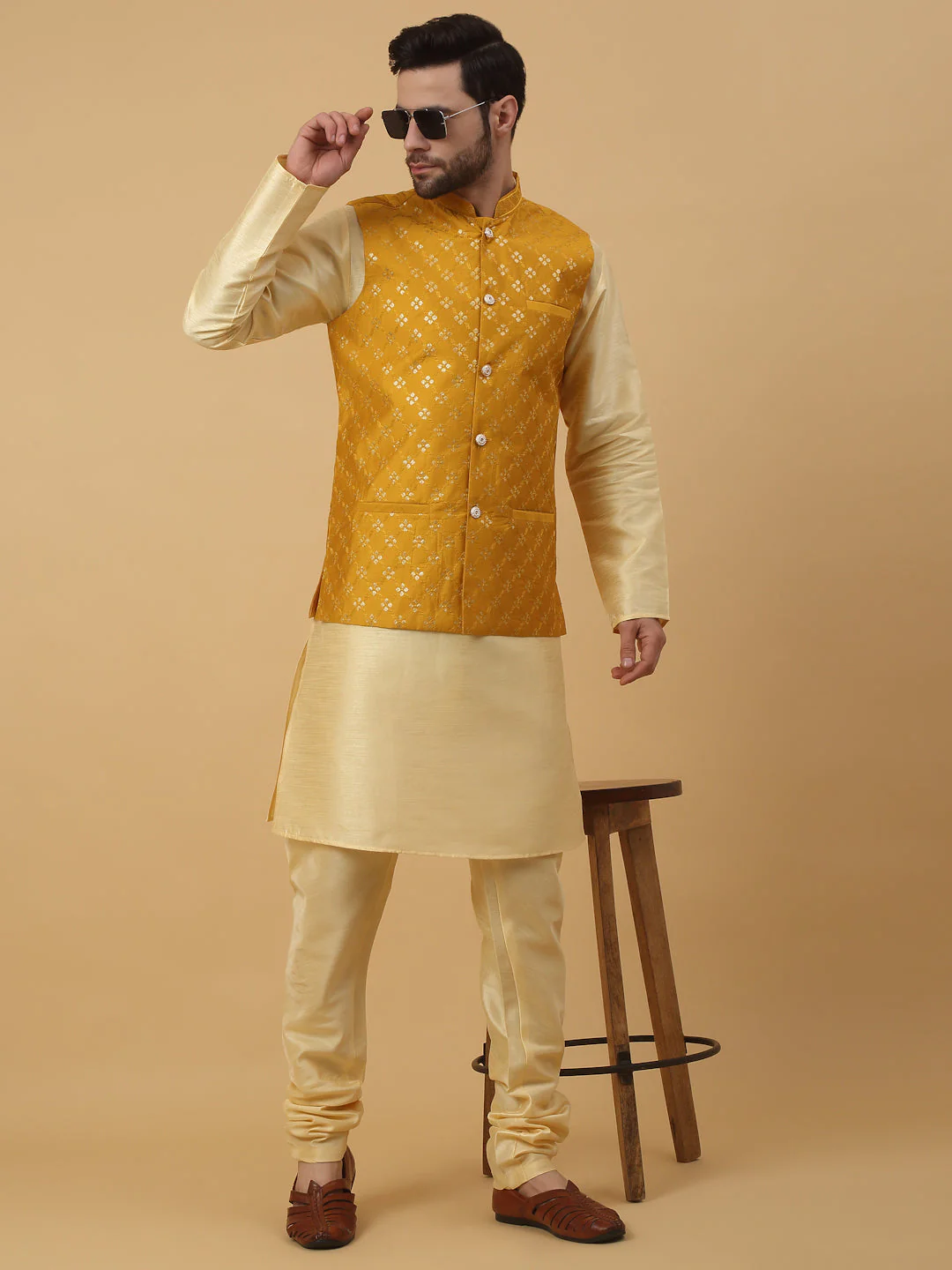 KRAFT INDIA Men's Silk Blend Beige Kurta, Churidar with Cotton Silk Embroided Sequenced Nehru Jacket Set - Image 77