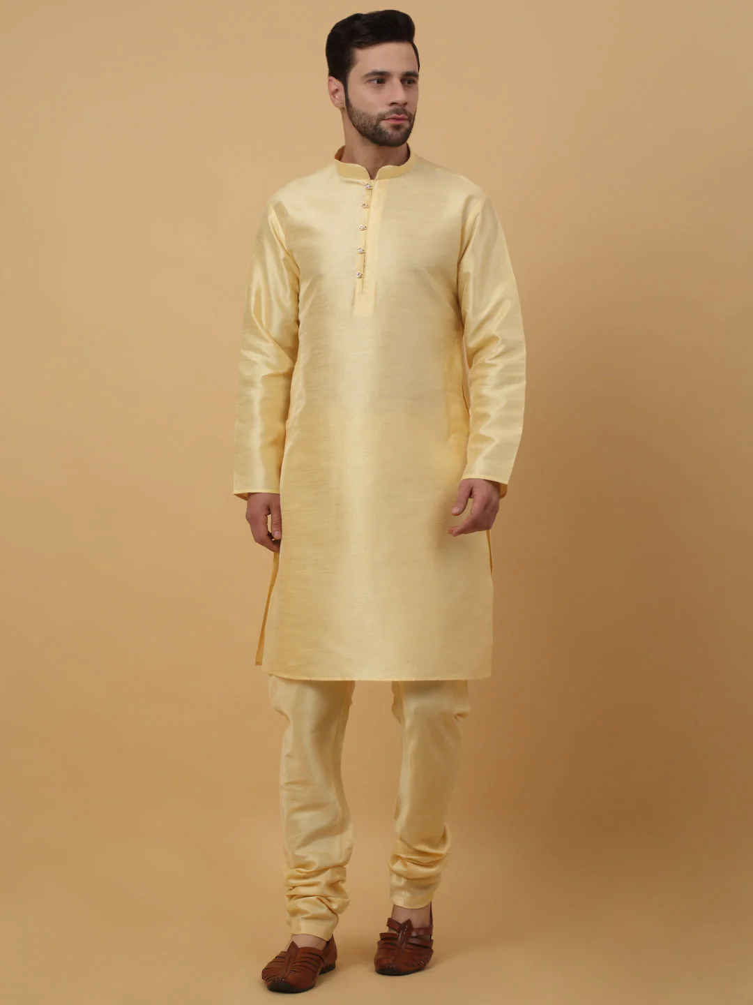 KRAFT INDIA Men's Silk Blend Beige Kurta, Churidar with Cotton Silk Embroided Sequenced Nehru Jacket Set - Image 9